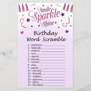 Pink glitter Birthday Word Scramble Game