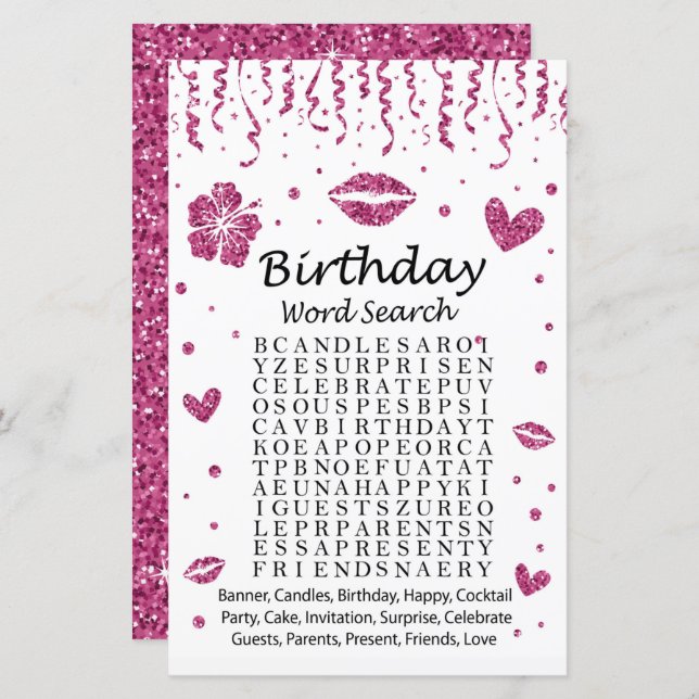 Pink glitter Birthday Word Search Game (Front/Back)