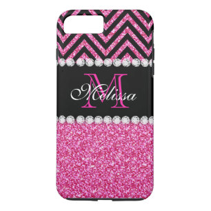 Pink Glitter Black Chevron Monogram Girly iPhone 8 Plus/7 Plus Case