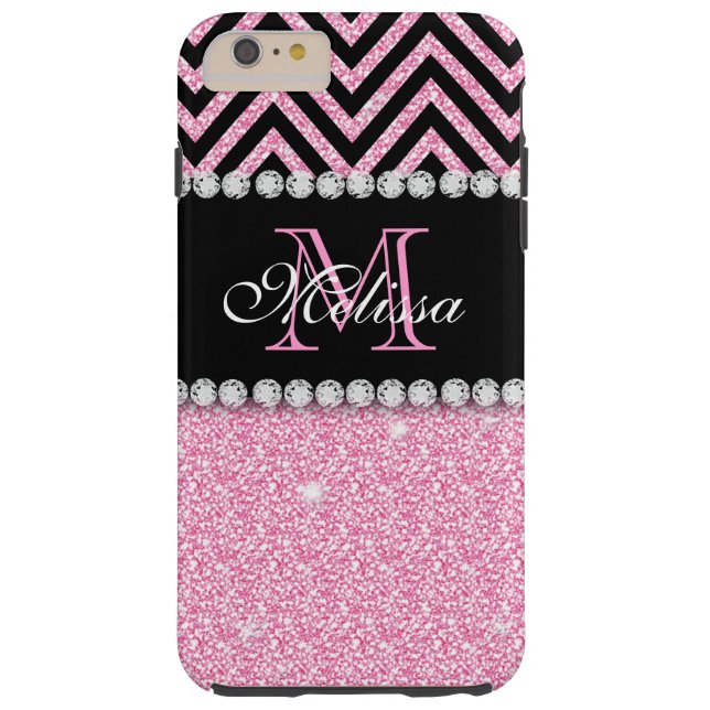 PINK GLITTER BLACK CHEVRON MONOGRAMMED Case-Mate iPhone CASE (Back)