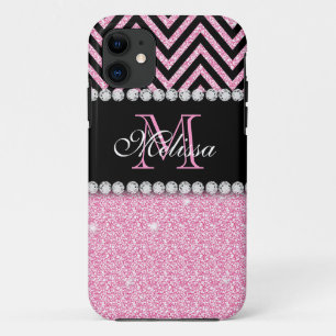 PINK GLITTER BLACK CHEVRON MONOGRAMMED iPhone 11 CASE