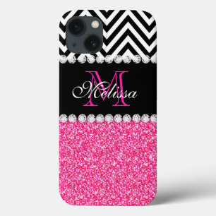 PINK GLITTER BLACK CHEVRON MONOGRAMMED iPhone 13 CASE