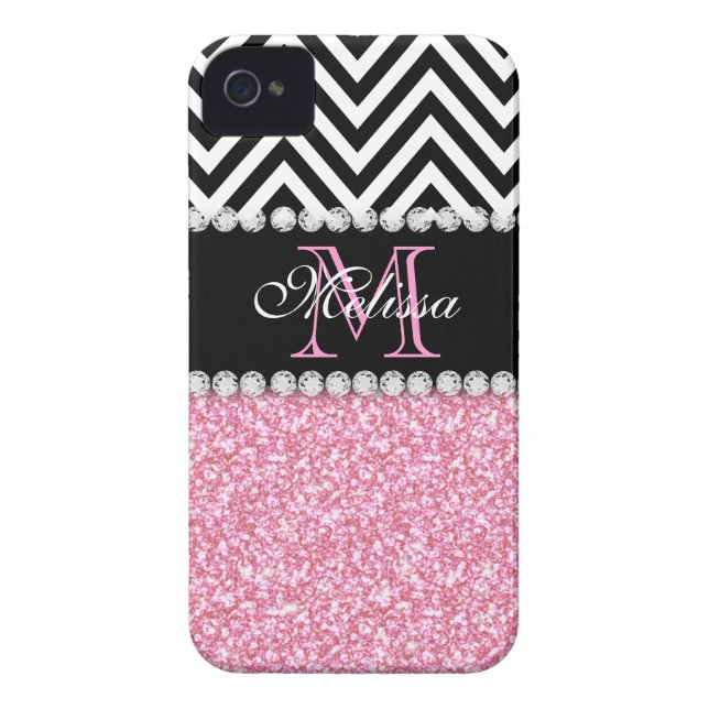 PINK GLITTER BLACK CHEVRON MONOGRAMMED Case-Mate iPhone CASE (Back)