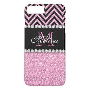 PINK GLITTER BLACK CHEVRON MONOGRAMMED iPhone 8 PLUS/7 PLUS CASE