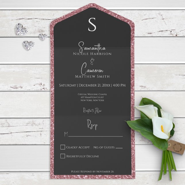 Pink Glitter & Black Glam Modern No Dinner All In One Invitation (Creator Uploaded)