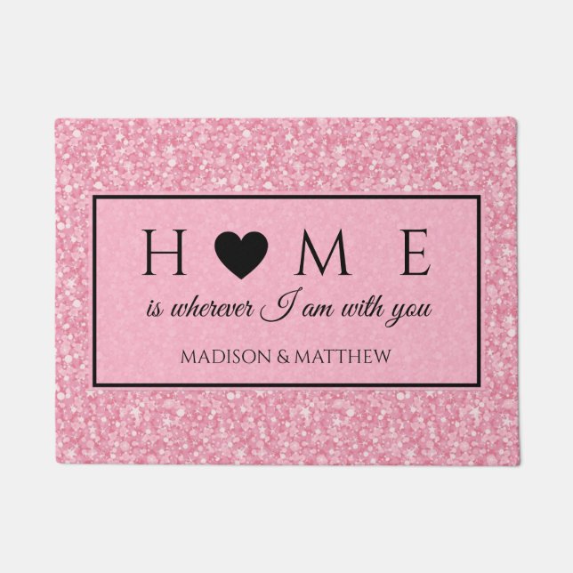 Pink Glitter Black Heart Doormat (Front)