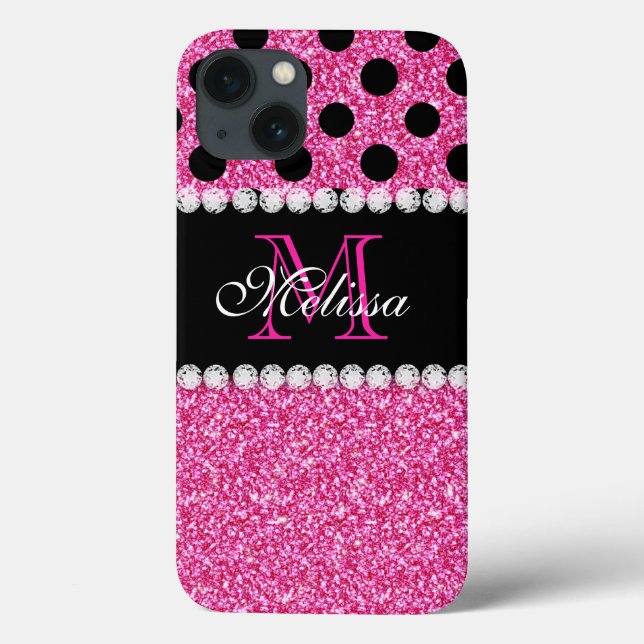 Pink Glitter Black Polka Dots Monogrammed Case-Mate iPhone Case (Back)