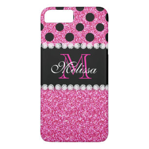 Pink Glitter Black Polka Dots Monogrammed iPhone 8 Plus/7 Plus Case
