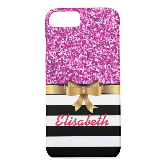 PINK GLITTER  BLACk white stripe GOLD BOW MONOGRAM Case-Mate iPhone Case (Back)