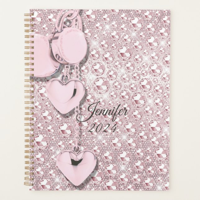 Pink Glitter Blush Drips Monogram 2024 Planner (Front)