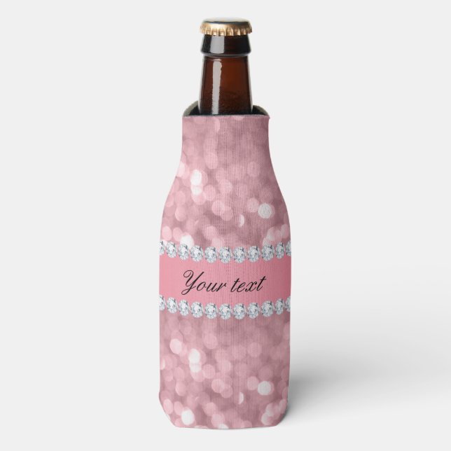 Pink Glitter Bokeh and Diamonds Personalised Bottle Cooler (Bottle Front)