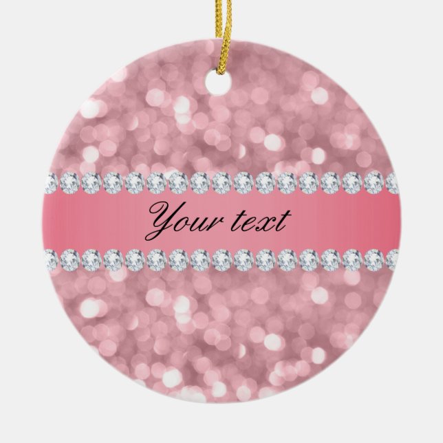 Pink Glitter Bokeh and Diamonds Personalised Ceramic Tree Decoration (Front)