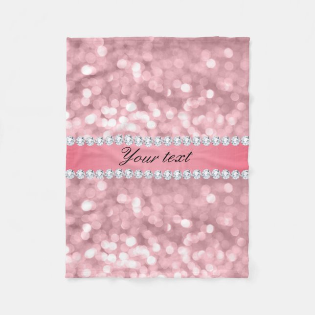 Pink Glitter Bokeh and Diamonds Personalised Fleece Blanket (Front)