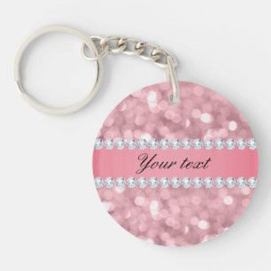 Pink Glitter Bokeh and Diamonds Personalised Key Ring