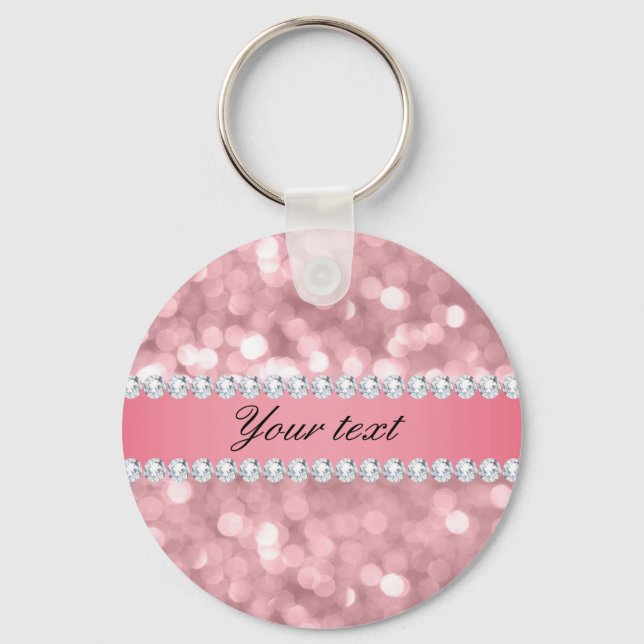 Pink Glitter Bokeh and Diamonds Personalised Key Ring (Front)