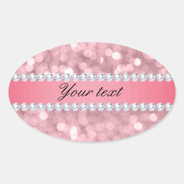 Pink Glitter Bokeh and Diamonds Personalised Oval Sticker (Front)