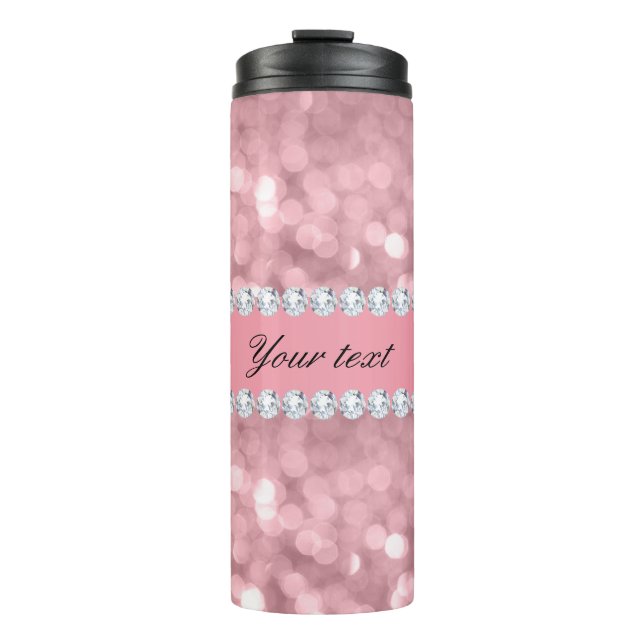 Pink Glitter Bokeh and Diamonds Personalised Thermal Tumbler (Front)