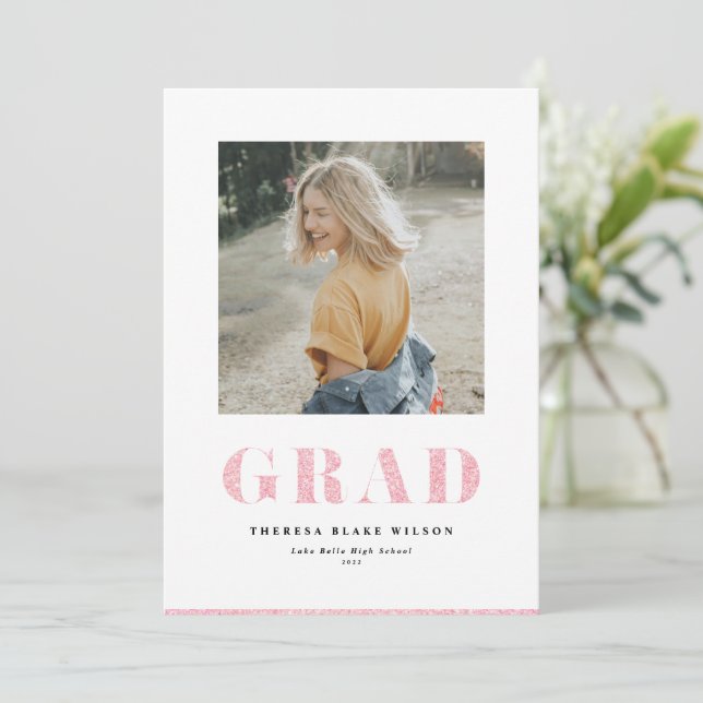 Pink Glitter Bold GRAD Typography Graduation Photo Announcement (Standing Front)