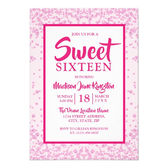 Pink Glitter Border Girly Sweet 16 Party Invite | Zazzle.co.uk