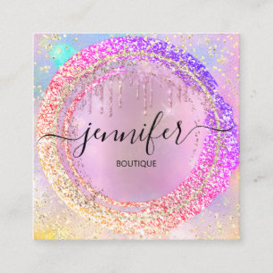 Pink Glitter Boutique Shop Drips Pink Holograph Square Business Card