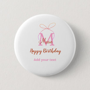 Pink glitter bow add name letter monogram birthday 6 cm round badge