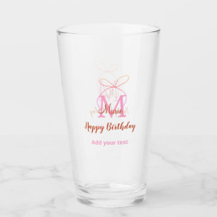 Pink glitter bow add name letter monogram birthday glass