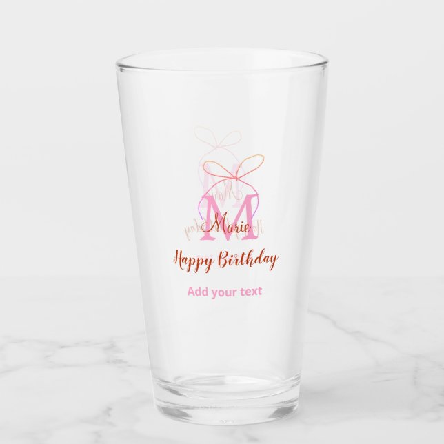 Pink glitter bow add name letter monogram birthday glass (Front)