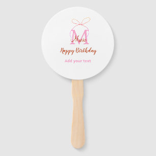 Pink glitter bow add name letter monogram birthday hand fan