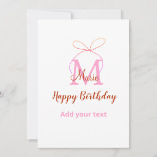 Pink glitter bow add name letter monogram birthday invitation