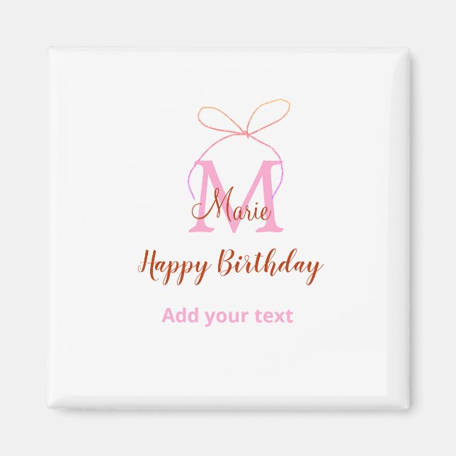 Pink glitter bow add name letter monogram birthday magnet (Front)