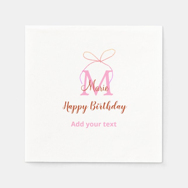Pink glitter bow add name letter monogram birthday napkin (Front)