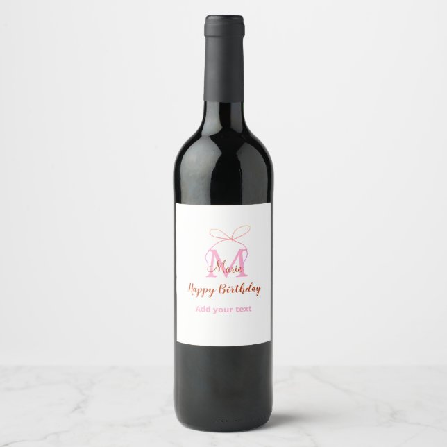 Pink glitter bow add name letter monogram birthday wine label (Front)