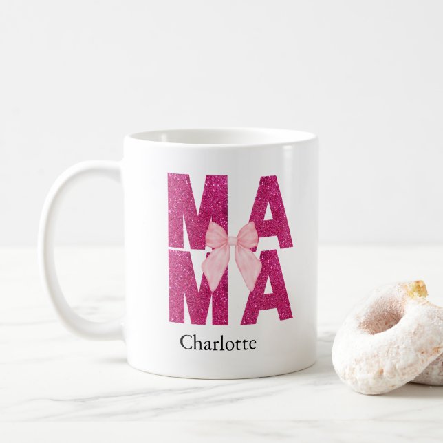 Pink Glitter Bow MAMA Coquette Aesthetic Mother's Coffee Mug (With Donut)