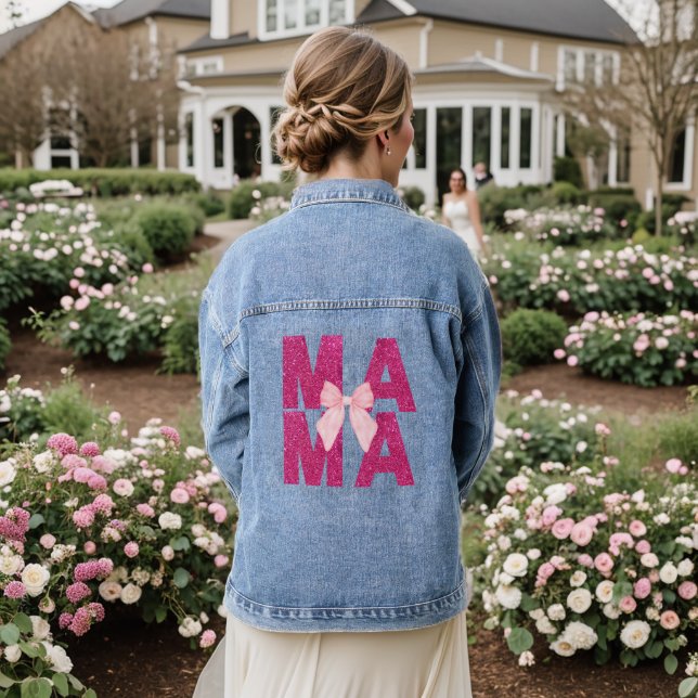 Pink Glitter Bow MAMA Coquette Aesthetic Mother's Denim Jacket (Wedding Back)