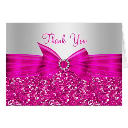 Pink Glitter & Bow Thank You Card