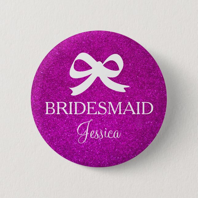 Pink glitter bridesmaid button for wedding party (Front)
