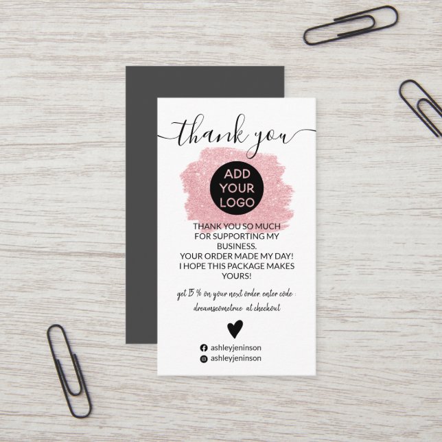Pink glitter brushstroke logo order thank you business card (Front/Back In Situ)