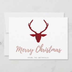 Pink Glitter Buffalo Plaid Deer Antler Christmas Holiday Card