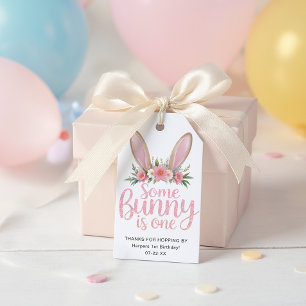 Pink Glitter Bunny Floral First Birthday Gift Tag