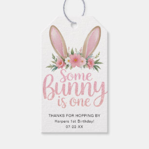 Pink Glitter Bunny Floral First Birthday Gift Tag