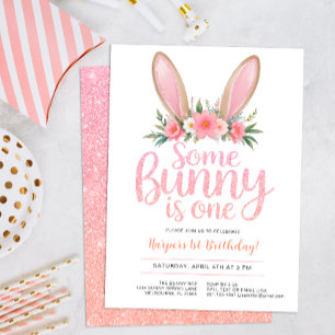 Pink Glitter Bunny Floral First Birthday Party Invitation