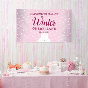 Pink Glitter Bunny Winter Onederland Banner