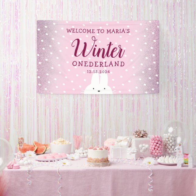 Pink Glitter Bunny Winter Onederland Banner (Party)