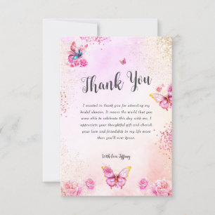 Pink Glitter Butterflies Bridal Shower Thank You Card