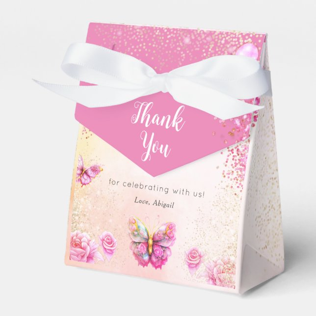 Pink Glitter Butterfly Baby Shower Favour Boxes (Front Side)