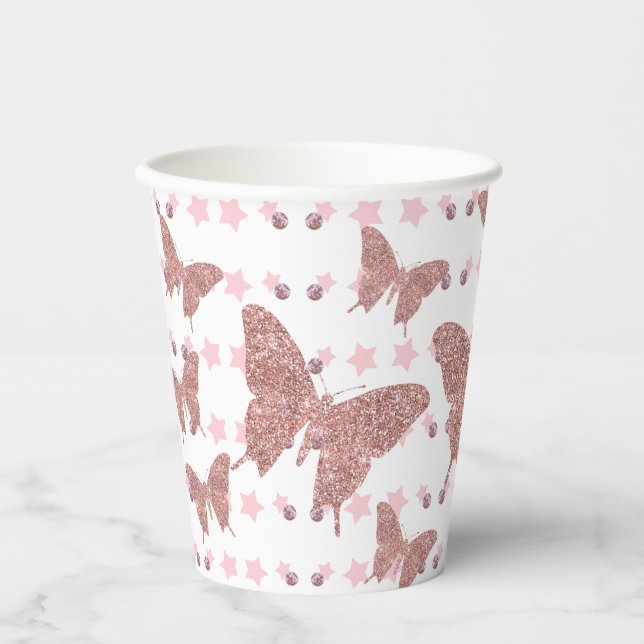 Pink glitter Butterfly Birthday Paper Cup (Front)