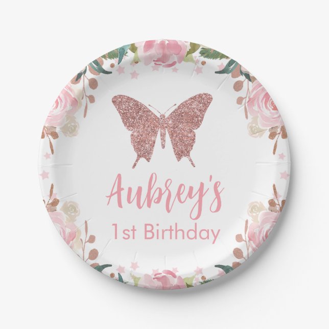 Pink glitter Butterfly Birthday Paper Plate (Front)