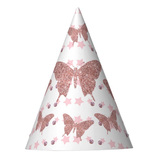 Pink Glitter Butterfly Birthday Party Hat (Front)