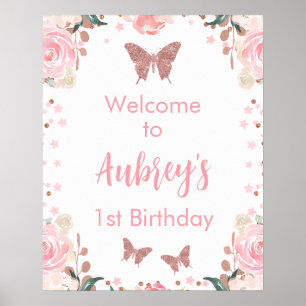 Pink Glitter Butterfly Birthday Welcome Poster