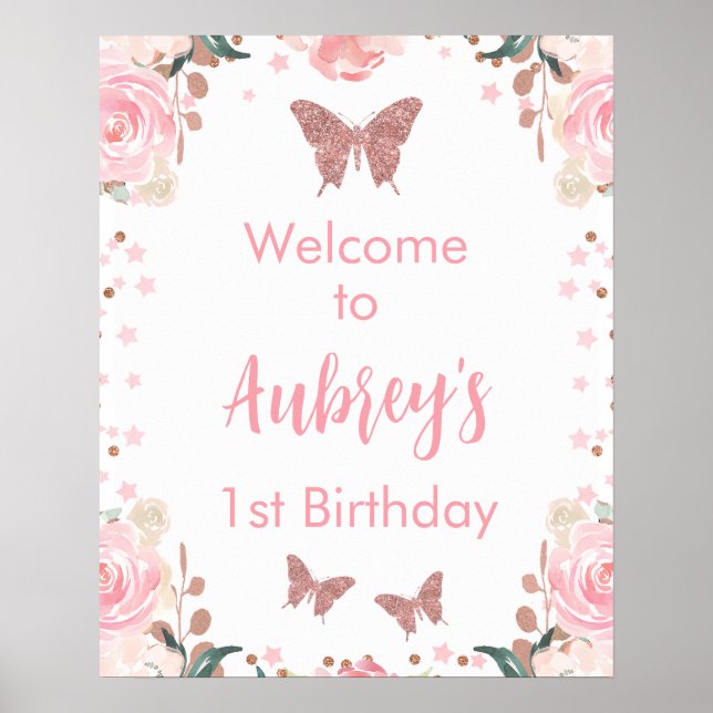 Pink Glitter Butterfly Birthday Welcome Poster (Front)